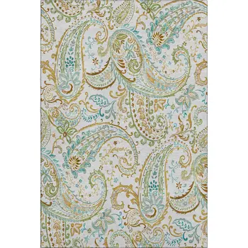 9' X 12' Ivory Blue And Green Paisley Washable Area Rug With UV Protection