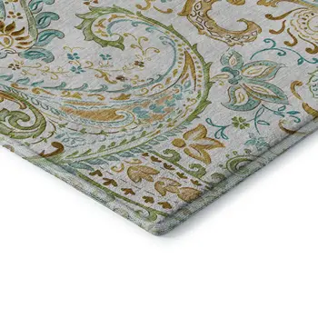 9' X 12' Ivory Blue And Green Paisley Washable Area Rug With UV Protection