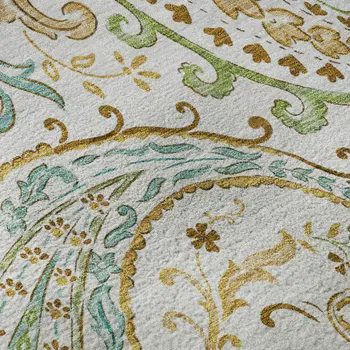 9' X 12' Ivory Blue And Green Paisley Washable Area Rug With UV Protection