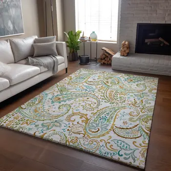 9' X 12' Ivory Blue And Green Paisley Washable Area Rug With UV Protection