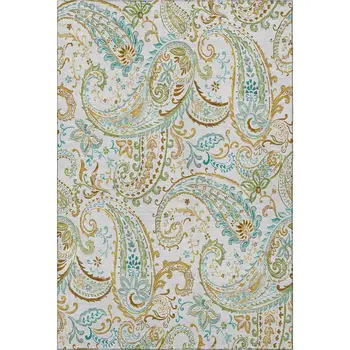9' X 12' Ivory Blue And Green Paisley Washable Area Rug With UV Protection