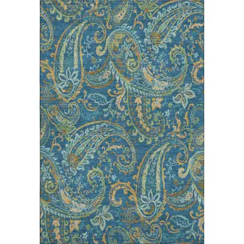 3' X 5' Navy Blue Green And Gold Paisley Washable Area Rug With UV Protection