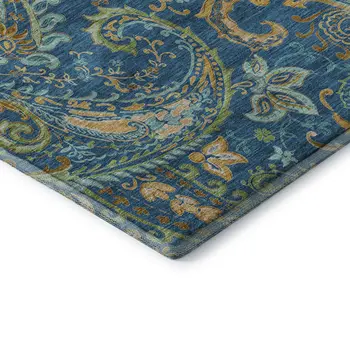 3' X 5' Navy Blue Green And Gold Paisley Washable Area Rug With UV Protection