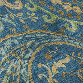 3' X 5' Navy Blue Green And Gold Paisley Washable Area Rug With UV Protection