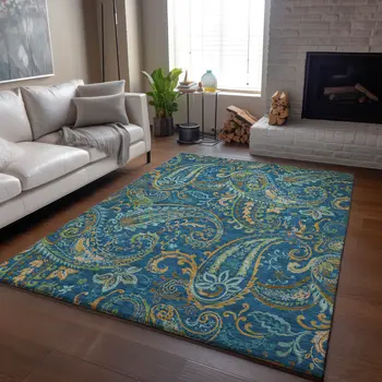 3' X 5' Navy Blue Green And Gold Paisley Washable Area Rug With UV Protection
