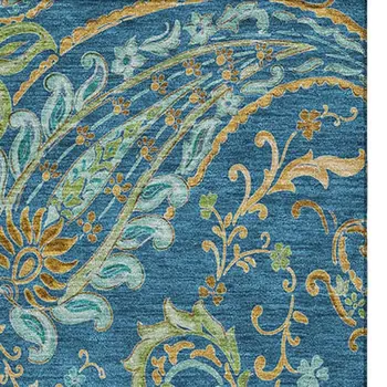 3' X 5' Navy Blue Green And Gold Paisley Washable Area Rug With UV Protection