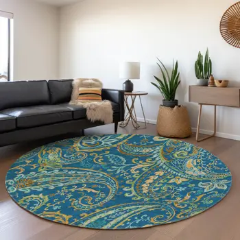 8' Navy Blue Green And Gold Paisley Washable Round Rug With UV Protection