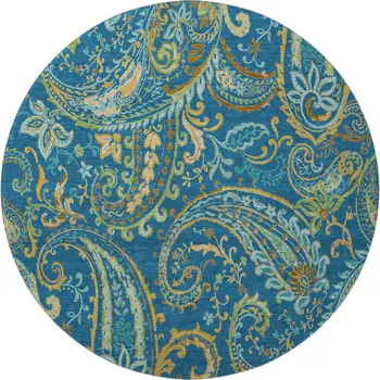 8' Navy Blue Green And Gold Paisley Washable Round Rug With UV Protection