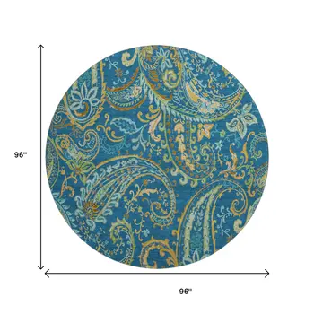 8' Navy Blue Green And Gold Paisley Washable Round Rug With UV Protection