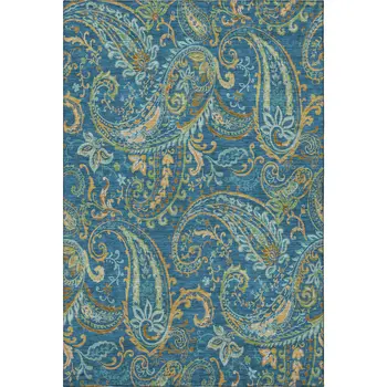 9' X 12' Navy Blue Green And Gold Paisley Washable Area Rug With UV Protection