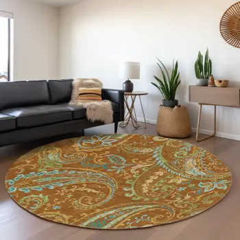 8' Rust Blue And Green Paisley Washable Round Rug With UV Protection
