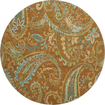 8' Rust Blue And Green Paisley Washable Round Rug With UV Protection