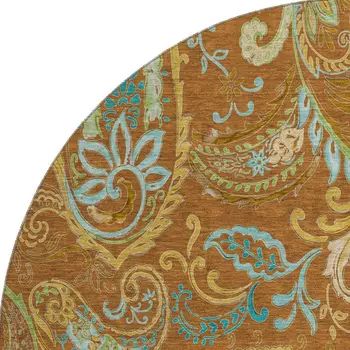 8' Rust Blue And Green Paisley Washable Round Rug With UV Protection