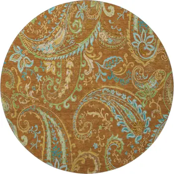 8' Rust Blue And Green Paisley Washable Round Rug With UV Protection
