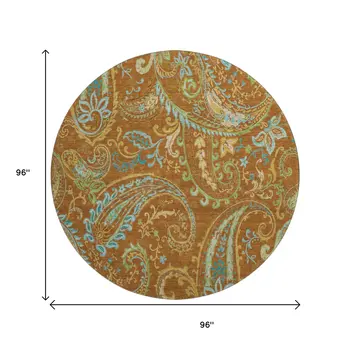 8' Rust Blue And Green Paisley Washable Round Rug With UV Protection