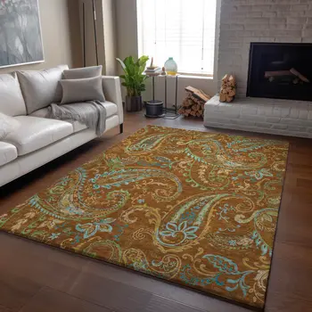 8' X 10' Rust Blue And Green Paisley Washable Area Rug With UV Protection