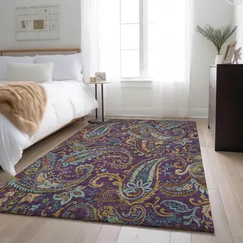 3' X 5' Purple Green And Blue Paisley Washable Area Rug With UV Protection