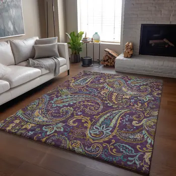 3' X 5' Purple Green And Blue Paisley Washable Area Rug With UV Protection