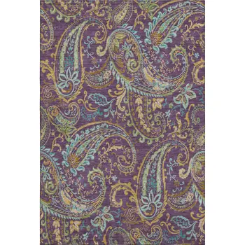 5' X 8' Purple Green And Blue Paisley Washable Area Rug With UV Protection
