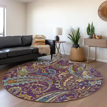 8' Purple Green And Blue Paisley Washable Round Rug With UV Protection