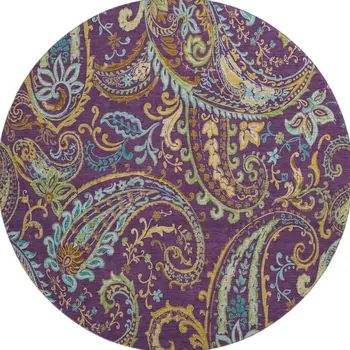 8' Purple Green And Blue Paisley Washable Round Rug With UV Protection