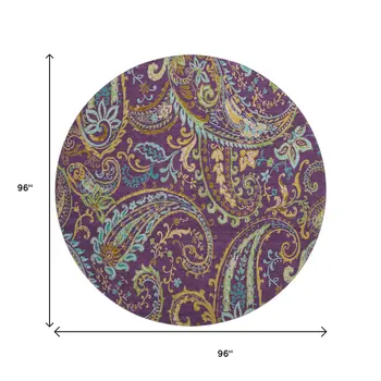 8' Purple Green And Blue Paisley Washable Round Rug With UV Protection