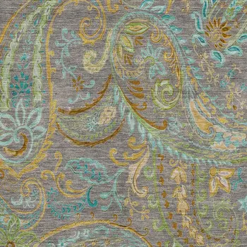 3' X 5' Taupe Green And Blue Paisley Washable Area Rug With UV Protection