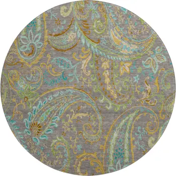 8' Taupe Green And Blue Paisley Washable Round Rug With UV Protection