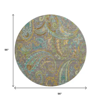 8' Taupe Green And Blue Paisley Washable Round Rug With UV Protection