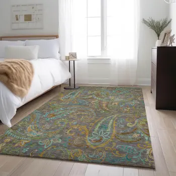 8' X 10' Taupe Green And Blue Paisley Washable Area Rug With UV Protection