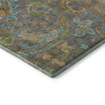 8' X 10' Taupe Green And Blue Paisley Washable Area Rug With UV Protection