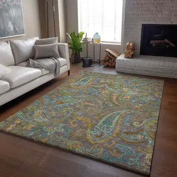 8' X 10' Taupe Green And Blue Paisley Washable Area Rug With UV Protection