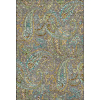 9' X 12' Taupe Green And Blue Paisley Washable Area Rug With UV Protection
