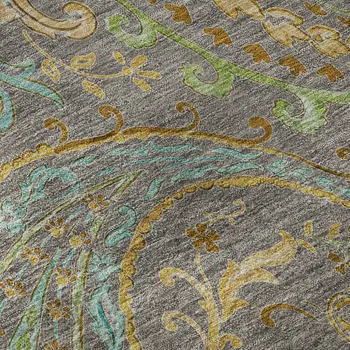 9' X 12' Taupe Green And Blue Paisley Washable Area Rug With UV Protection