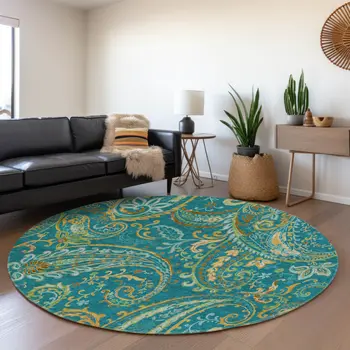 8' Teal Green And Gold Paisley Washable Round Rug With UV Protection