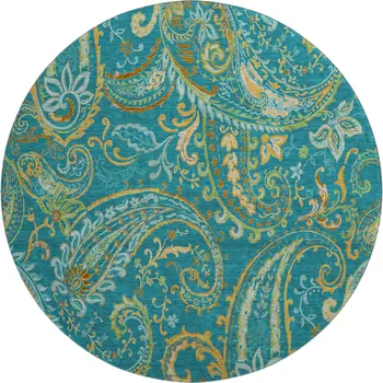 8' Teal Green And Gold Paisley Washable Round Rug With UV Protection
