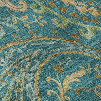 8' Teal Green And Gold Paisley Washable Round Rug With UV Protection