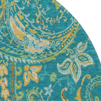 8' Teal Green And Gold Paisley Washable Round Rug With UV Protection
