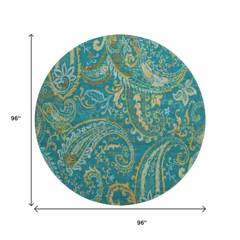 8' Teal Green And Gold Paisley Washable Round Rug With UV Protection