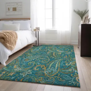 8' X 10' Teal Green And Gold Paisley Washable Area Rug With UV Protection