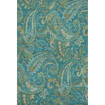 8' X 10' Teal Green And Gold Paisley Washable Area Rug With UV Protection