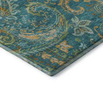 8' X 10' Teal Green And Gold Paisley Washable Area Rug With UV Protection