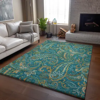 8' X 10' Teal Green And Gold Paisley Washable Area Rug With UV Protection