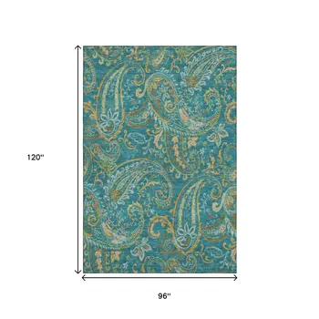 8' X 10' Teal Green And Gold Paisley Washable Area Rug With UV Protection