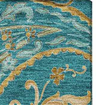 8' X 10' Teal Green And Gold Paisley Washable Area Rug With UV Protection
