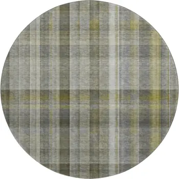 8' Gray And Gold Plaid Washable Round Rug With UV Protection