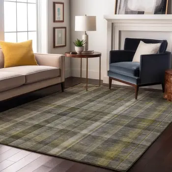 10' X 14' Gray And Gold Plaid Washable Area Rug With UV Protection