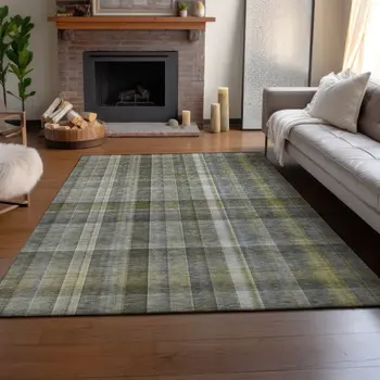 10' X 14' Gray And Gold Plaid Washable Area Rug With UV Protection