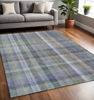 5' X 8' Green And Purple Plaid Washable Area Rug With UV Protection