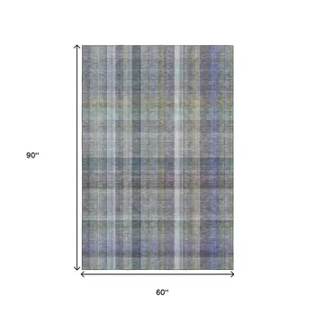 5' X 8' Green And Purple Plaid Washable Area Rug With UV Protection